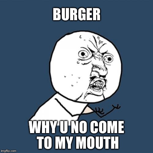 Y U No Meme | BURGER WHY U NO COME TO MY MOUTH | image tagged in memes,y u no | made w/ Imgflip meme maker