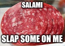 SALAMI; SLAP SOME ON ME | image tagged in funny | made w/ Imgflip meme maker
