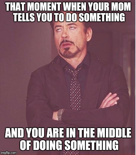 Face You Make Robert Downey Jr Meme | THAT MOMENT WHEN YOUR MOM TELLS YOU TO DO SOMETHING; AND YOU ARE IN THE MIDDLE OF DOING SOMETHING | image tagged in memes,face you make robert downey jr | made w/ Imgflip meme maker