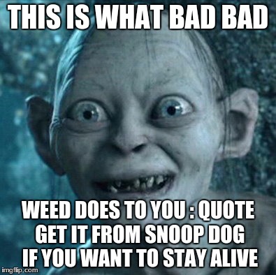 Gollum Meme | THIS IS WHAT BAD BAD; WEED DOES TO YOU : QUOTE GET IT FROM SNOOP DOG IF YOU WANT TO STAY ALIVE | image tagged in memes,gollum | made w/ Imgflip meme maker