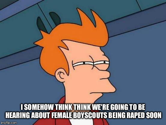 Futurama Fry Meme | I SOMEHOW THINK THINK WE'RE GOING TO BE HEARING ABOUT FEMALE BOYSCOUTS BEING **PED SOON | image tagged in memes,futurama fry | made w/ Imgflip meme maker