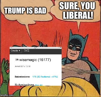Batman Slapping Robin Meme | TRUMP IS BAD; SURE, YOU LIBERAL! | image tagged in memes,batman slapping robin,liberals,idiot,idiots,liberal logic | made w/ Imgflip meme maker