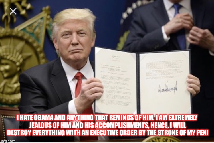 Trump begins Obamacare dismantling with executive order. | I HATE OBAMA AND ANYTHING THAT REMINDS OF HIM. I AM EXTREMELY JEALOUS OF HIM AND HIS ACCOMPLISHMENTS, HENCE, I WILL DESTROY EVERYTHING WITH AN EXECUTIVE ORDER BY THE STROKE OF MY PEN! | image tagged in obamacare,executive orders,donald trump,president obama | made w/ Imgflip meme maker