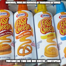 THINGS THAT AREN'T CHEESE | REMEMBER, THERE ARE HUNDREDS OF THOUSANDS OF THINGS; YOU CAN EAT THAT ARE NOT CHEESE ~DAVESPEAK | image tagged in davespeak,dmb,dave matthews band,dave matthews,cheese,easy cheese | made w/ Imgflip meme maker
