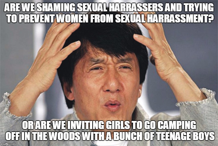 Jackie Chan Confused | ARE WE SHAMING SEXUAL HARRASSERS AND TRYING TO PREVENT WOMEN FROM SEXUAL HARRASSMENT? OR ARE WE INVITING GIRLS TO GO CAMPING OFF IN THE WOODS WITH A BUNCH OF TEENAGE BOYS | image tagged in jackie chan confused | made w/ Imgflip meme maker
