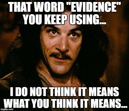 Inigo Montoya Meme | THAT WORD "EVIDENCE" YOU KEEP USING... I DO NOT THINK IT MEANS WHAT YOU THINK IT MEANS... | image tagged in memes,inigo montoya | made w/ Imgflip meme maker
