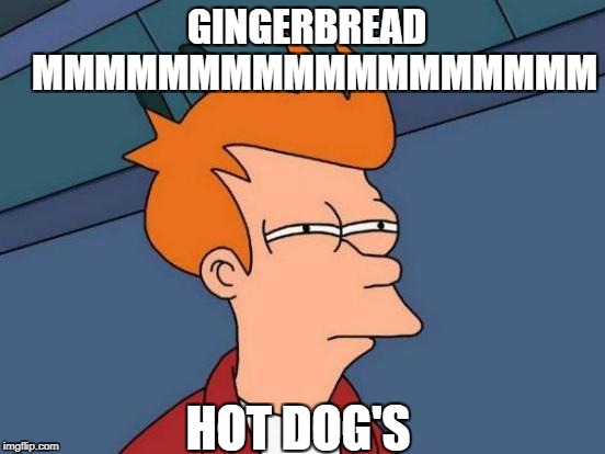 Futurama Fry Meme | GINGERBREAD  MMMMMMMMMMMMMMMMMM; HOT DOG'S | image tagged in memes,futurama fry | made w/ Imgflip meme maker