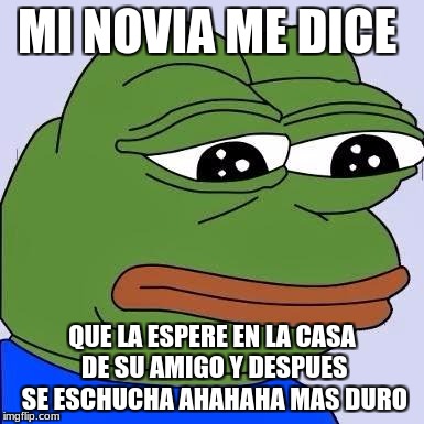 pepe | MI NOVIA ME DICE; QUE LA ESPERE EN LA CASA DE SU AMIGO Y DESPUES SE ESCHUCHA AHAHAHA MAS DURO | image tagged in pepe | made w/ Imgflip meme maker