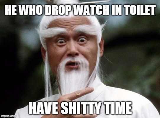 ancient asian proverb | HE WHO DROP WATCH IN TOILET; HAVE SHITTY TIME | image tagged in asian,proverb | made w/ Imgflip meme maker
