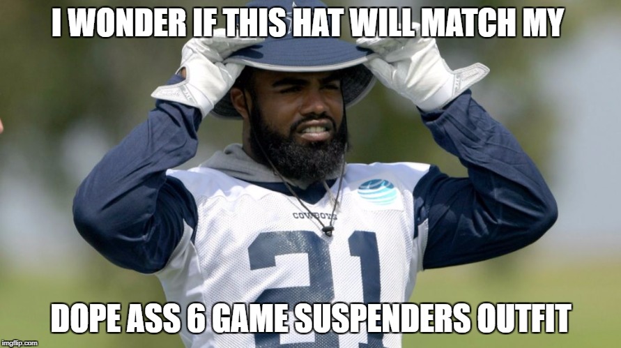 I WONDER IF THIS HAT WILL MATCH MY; DOPE ASS 6 GAME SUSPENDERS OUTFIT | image tagged in ezekiel elliott's hat | made w/ Imgflip meme maker
