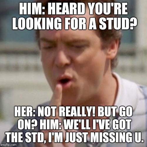 The stud | HIM: HEARD YOU'RE LOOKING FOR A STUD? HER: NOT REALLY! BUT GO ON?
HIM: WE'LL I'VE GOT THE STD, I'M JUST MISSING U. | image tagged in memes | made w/ Imgflip meme maker