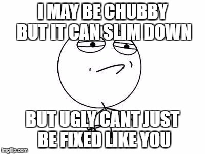 Challenge Accepted Rage Face Meme | I MAY BE CHUBBY BUT IT CAN SLIM DOWN; BUT UGLY CANT JUST BE FIXED LIKE YOU | image tagged in memes,challenge accepted rage face | made w/ Imgflip meme maker
