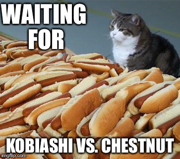 Too many hot dogs | WAITING FOR; KOBIASHI VS. CHESTNUT | image tagged in too many hot dogs | made w/ Imgflip meme maker