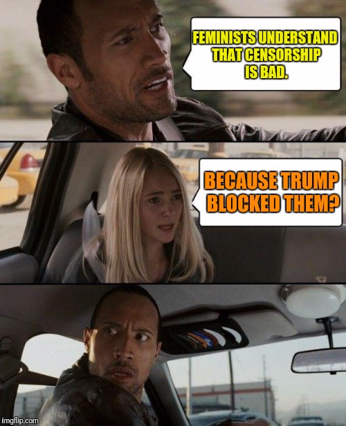 The Rock Driving Meme | FEMINISTS UNDERSTAND THAT CENSORSHIP IS BAD. BECAUSE TRUMP BLOCKED THEM? | image tagged in memes,the rock driving | made w/ Imgflip meme maker