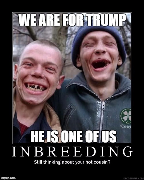 inbred  | WE ARE FOR TRUMP; HE IS ONE OF US | image tagged in inbred,ugly twins,donald trump,republicans | made w/ Imgflip meme maker