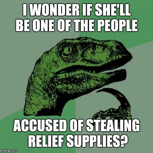 Philosoraptor Meme | I WONDER IF SHE'LL BE ONE OF THE PEOPLE ACCUSED OF STEALING RELIEF SUPPLIES? | image tagged in memes,philosoraptor | made w/ Imgflip meme maker