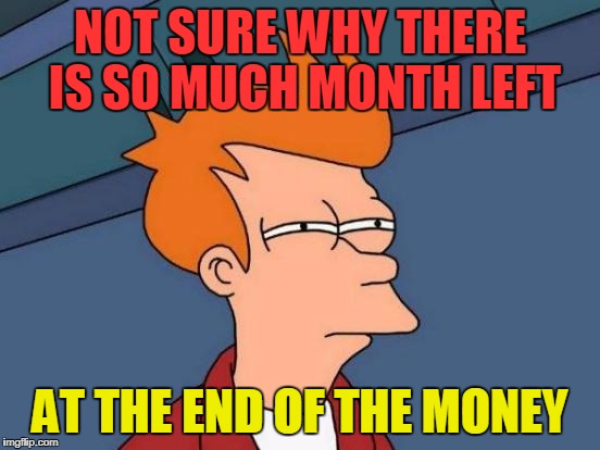 Futurama Fry Meme | NOT SURE WHY THERE IS SO MUCH MONTH LEFT AT THE END OF THE MONEY | image tagged in memes,futurama fry | made w/ Imgflip meme maker
