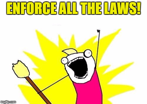 Too many people calling for new laws; when there are better laws on the books, that are not enforced.  | ENFORCE ALL THE LAWS! | image tagged in memes,x all the y | made w/ Imgflip meme maker