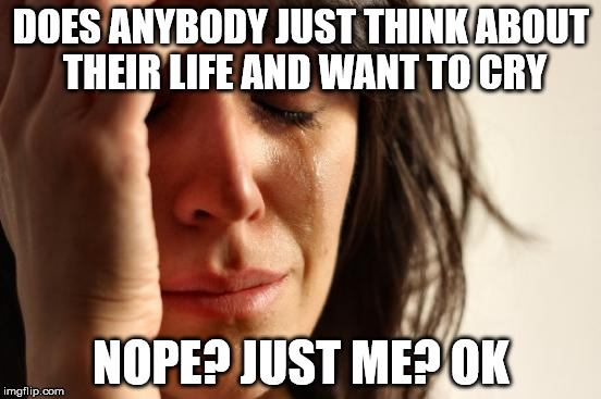 First World Problems Meme | DOES ANYBODY JUST THINK ABOUT THEIR LIFE AND WANT TO CRY; NOPE? JUST ME? OK | image tagged in memes,first world problems | made w/ Imgflip meme maker
