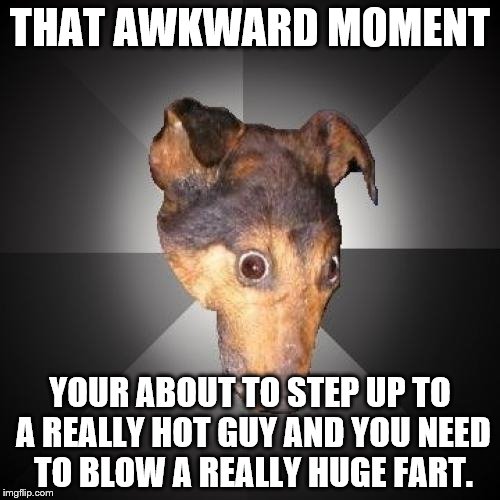 Depression Dog |  THAT AWKWARD MOMENT; YOUR ABOUT TO STEP UP TO A REALLY HOT GUY AND YOU NEED TO BLOW A REALLY HUGE FART. | image tagged in memes,depression dog | made w/ Imgflip meme maker