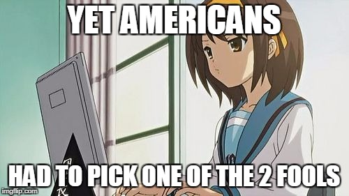 Haruhi Annoyed | YET AMERICANS HAD TO PICK ONE OF THE 2 FOOLS | image tagged in haruhi annoyed | made w/ Imgflip meme maker