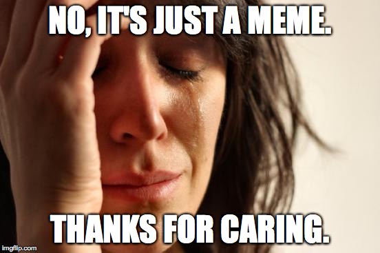 First World Problems Meme | NO, IT'S JUST A MEME. THANKS FOR CARING. | image tagged in memes,first world problems | made w/ Imgflip meme maker