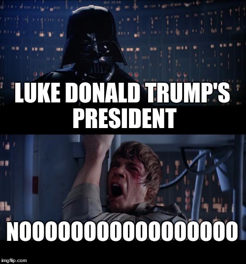 Star Wars No Meme | LUKE DONALD TRUMP'S PRESIDENT; NOOOOOOOOOOOOOOOOO | image tagged in memes,star wars no | made w/ Imgflip meme maker
