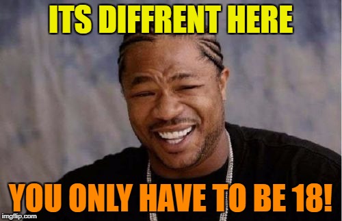Yo Dawg Heard You Meme | ITS DIFFRENT HERE YOU ONLY HAVE TO BE 18! | image tagged in memes,yo dawg heard you | made w/ Imgflip meme maker