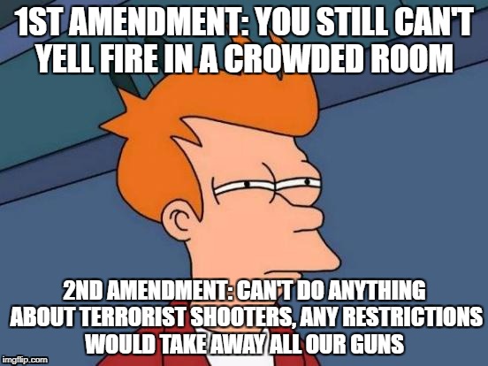 Futurama Fry | 1ST AMENDMENT: YOU STILL CAN'T YELL FIRE IN A CROWDED ROOM; 2ND AMENDMENT: CAN'T DO ANYTHING ABOUT TERRORIST SHOOTERS, ANY RESTRICTIONS WOULD TAKE AWAY ALL OUR GUNS | image tagged in memes,futurama fry | made w/ Imgflip meme maker