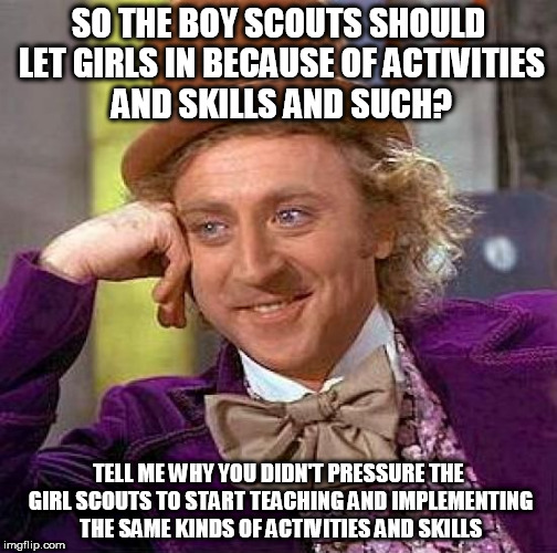 Creepy Condescending Wonka | SO THE BOY SCOUTS SHOULD LET GIRLS IN BECAUSE OF ACTIVITIES AND SKILLS AND SUCH? TELL ME WHY YOU DIDN'T PRESSURE THE GIRL SCOUTS TO START TEACHING AND IMPLEMENTING THE SAME KINDS OF ACTIVITIES AND SKILLS | image tagged in memes,creepy condescending wonka | made w/ Imgflip meme maker