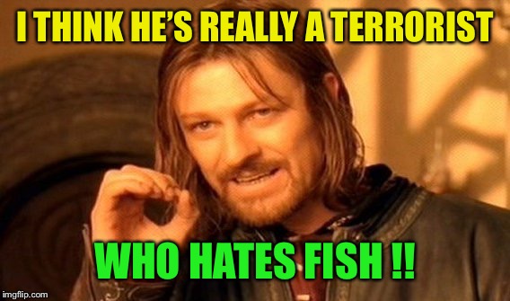 One Does Not Simply Meme | I THINK HE’S REALLY A TERRORIST WHO HATES FISH !! | image tagged in memes,one does not simply | made w/ Imgflip meme maker