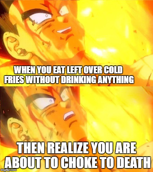 Vegetta Dying | WHEN YOU EAT LEFT OVER COLD FRIES WITHOUT DRINKING ANYTHING; THEN REALIZE YOU ARE ABOUT TO CHOKE TO DEATH | image tagged in vegetta dying | made w/ Imgflip meme maker