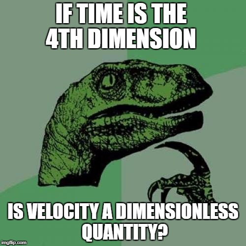 Philosoraptor | IF TIME IS THE 4TH DIMENSION; IS VELOCITY A DIMENSIONLESS QUANTITY? | image tagged in memes,philosoraptor | made w/ Imgflip meme maker