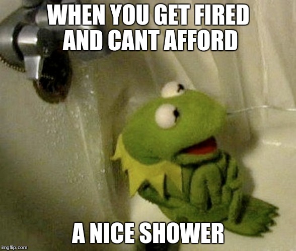 rip kermits job | WHEN YOU GET FIRED AND CANT AFFORD; A NICE SHOWER | image tagged in kemrit,meme,fired | made w/ Imgflip meme maker