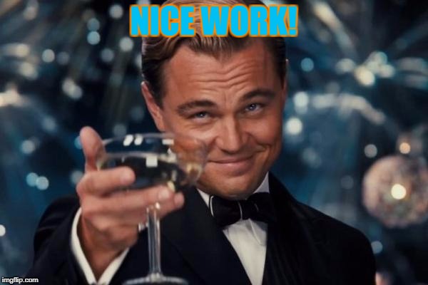Leonardo Dicaprio Cheers Meme | NICE WORK! | image tagged in memes,leonardo dicaprio cheers | made w/ Imgflip meme maker