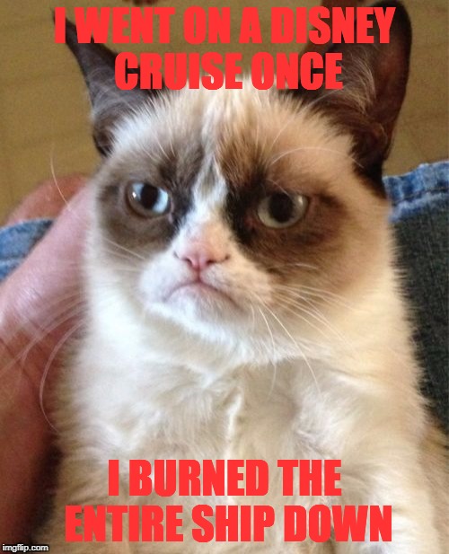 When I Went On A Disney Cruise | I WENT ON A DISNEY CRUISE ONCE; I BURNED THE ENTIRE SHIP DOWN | image tagged in memes,grumpy cat | made w/ Imgflip meme maker