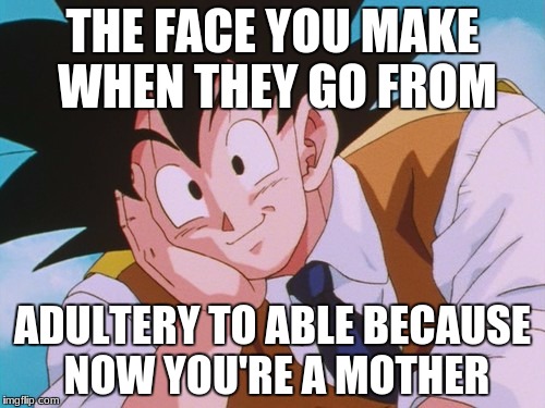 Condescending Goku | THE FACE YOU MAKE WHEN THEY GO FROM; ADULTERY TO ABLE BECAUSE NOW YOU'RE A MOTHER | image tagged in memes,condescending goku | made w/ Imgflip meme maker