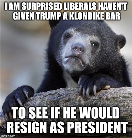 Maybe Trump ran for president because that is what he said he would do for a Klondike bar? | I AM SURPRISED LIBERALS HAVEN'T GIVEN TRUMP A KLONDIKE BAR; TO SEE IF HE WOULD RESIGN AS PRESIDENT | image tagged in memes,confession bear | made w/ Imgflip meme maker