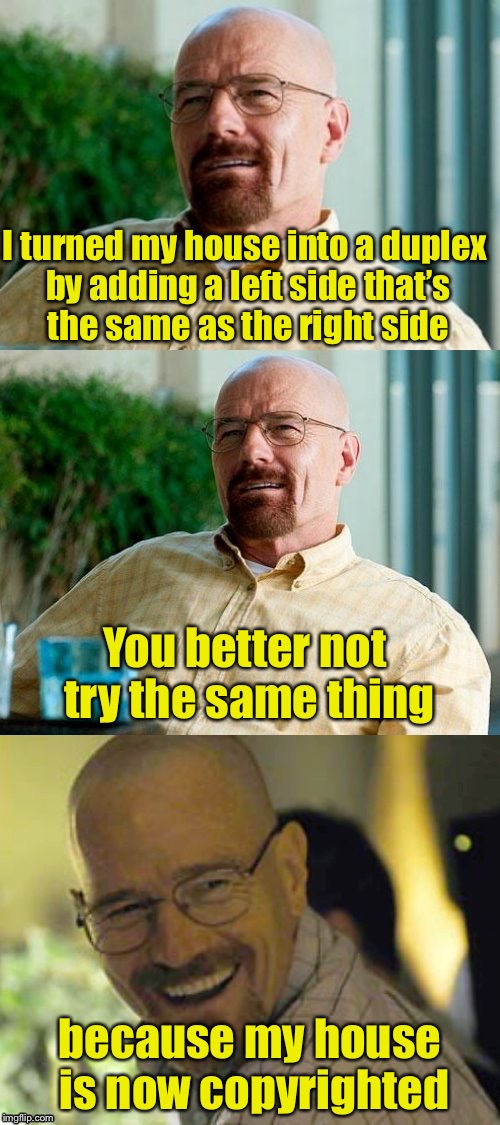 If the left side is a copy of the right side, does that make it copyrighted? | I turned my house into a duplex by adding a left side that’s the same as the right side; You better not try the same thing; because my house is now copyrighted | image tagged in breaking bad pun,memes,bad pun,copyright | made w/ Imgflip meme maker