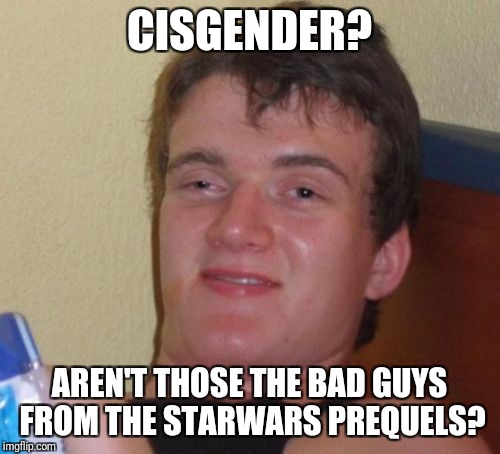 10 Guy Meme | CISGENDER? AREN'T THOSE THE BAD GUYS FROM THE STARWARS PREQUELS? | image tagged in memes,10 guy | made w/ Imgflip meme maker