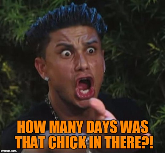 Pauly | HOW MANY DAYS WAS THAT CHICK IN THERE?! | image tagged in pauly | made w/ Imgflip meme maker