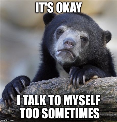 Confession Bear Meme | IT'S OKAY; I TALK TO MYSELF TOO SOMETIMES | image tagged in memes,confession bear | made w/ Imgflip meme maker