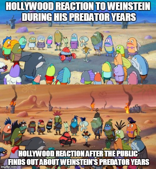 Seems like nobody cared about this guy harrassing and possibly raping women until everyone found out. | HOLLYWOOD REACTION TO WEINSTEIN DURING HIS PREDATOR YEARS; HOLLYWOOD REACTION AFTER THE PUBLIC FINDS OUT ABOUT WEINSTEIN'S PREDATOR YEARS | image tagged in harvey weinstein,meme,news,sexual harassment,liberal hypocrisy | made w/ Imgflip meme maker