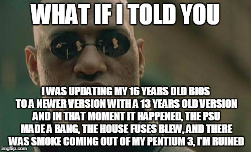 Matrix Morpheus Meme | WHAT IF I TOLD YOU; I WAS UPDATING MY 16 YEARS OLD BIOS TO A NEWER VERSION WITH A 13 YEARS OLD VERSION AND IN THAT MOMENT IT HAPPENED, THE PSU MADE A BANG, THE HOUSE FUSES BLEW, AND THERE WAS SMOKE COMING OUT OF MY PENTIUM 3, I'M RUINED | image tagged in memes,matrix morpheus | made w/ Imgflip meme maker