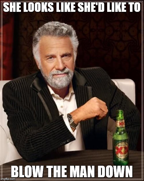 The Most Interesting Man In The World Meme | SHE LOOKS LIKE SHE'D LIKE TO BLOW THE MAN DOWN | image tagged in memes,the most interesting man in the world | made w/ Imgflip meme maker