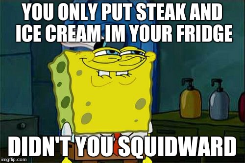 Don't You Squidward Meme | YOU ONLY PUT STEAK AND ICE CREAM IM YOUR FRIDGE DIDN'T YOU SQUIDWARD | image tagged in memes,dont you squidward | made w/ Imgflip meme maker