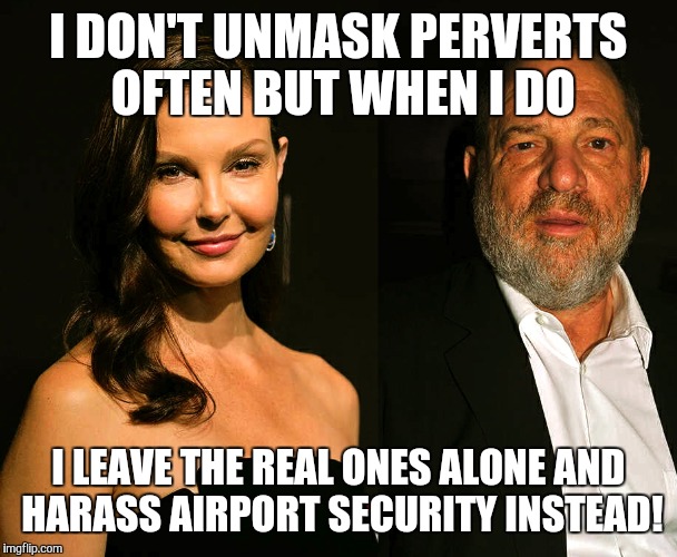 Ashley Judd | I DON'T UNMASK PERVERTS OFTEN BUT WHEN I DO; I LEAVE THE REAL ONES ALONE AND HARASS AIRPORT SECURITY INSTEAD! | image tagged in ashley judd | made w/ Imgflip meme maker