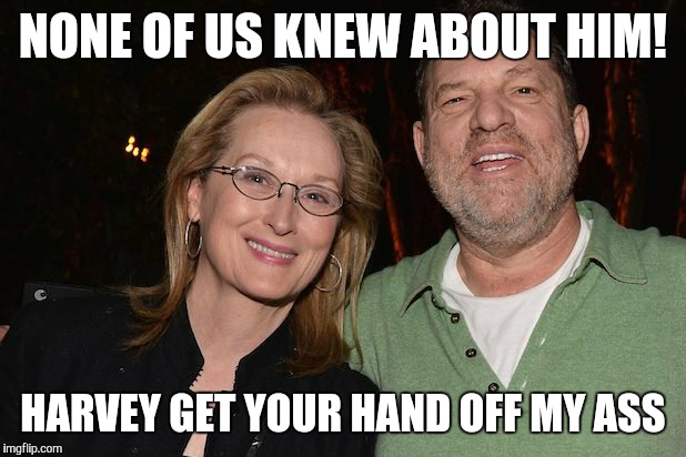 Meryl Streep with Harvey Weinstein | NONE OF US KNEW ABOUT HIM! HARVEY GET YOUR HAND OFF MY ASS | image tagged in meryl streep with harvey weinstein | made w/ Imgflip meme maker