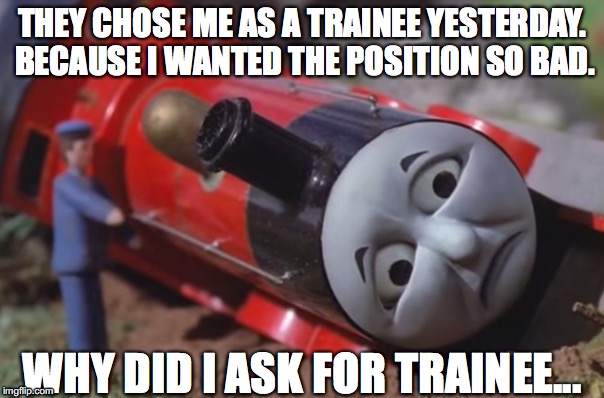 What not to do as trainee | THEY CHOSE ME AS A TRAINEE YESTERDAY. BECAUSE I WANTED THE POSITION SO BAD. WHY DID I ASK FOR TRAINEE... | image tagged in train | made w/ Imgflip meme maker