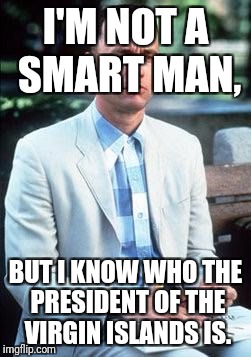 Forest gump | I'M NOT A SMART MAN, BUT I KNOW WHO THE PRESIDENT OF THE VIRGIN ISLANDS IS. | image tagged in forest gump | made w/ Imgflip meme maker